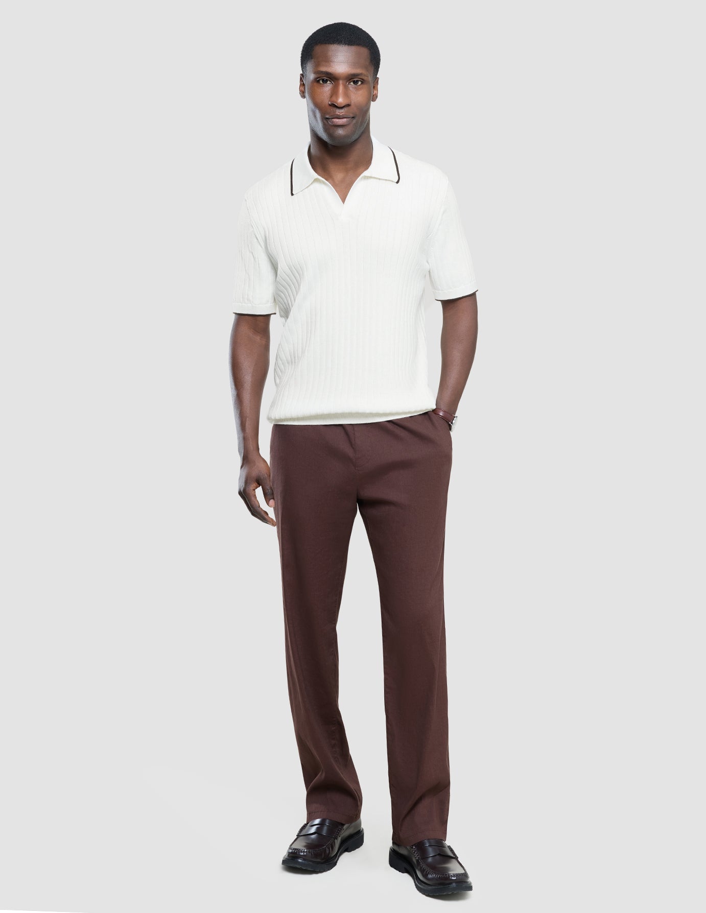 V-Neck Knit Short Sleeve Polo White