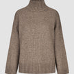 Damen-Rollkragenpullover aus weicher, grob gestrickter Wolle – taupefarbener Melange-Pullover mit grobem Strickmuster, geripptem Halsausschnitt und gerippten Bündchen.