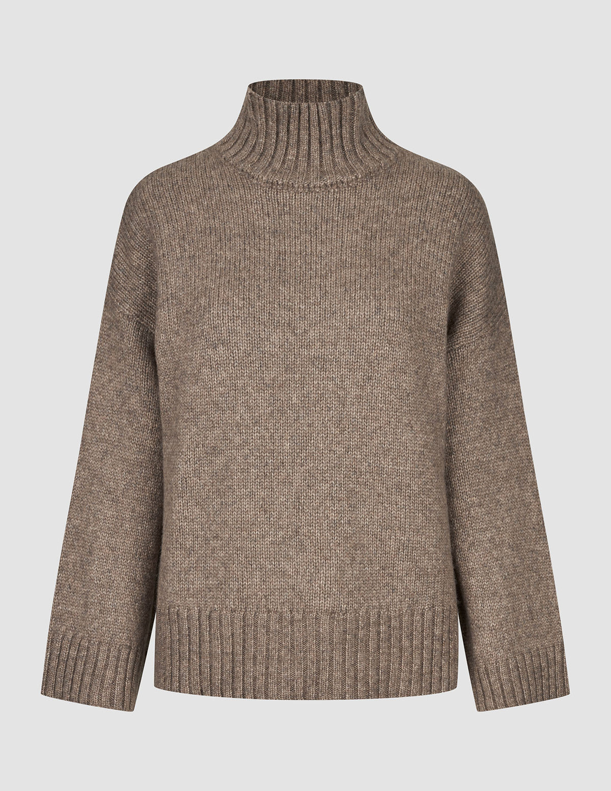 Damen-Rollkragenpullover aus weicher, grob gestrickter Wolle – taupefarbener Melange-Pullover mit grobem Strickmuster, geripptem Halsausschnitt und gerippten Bündchen.