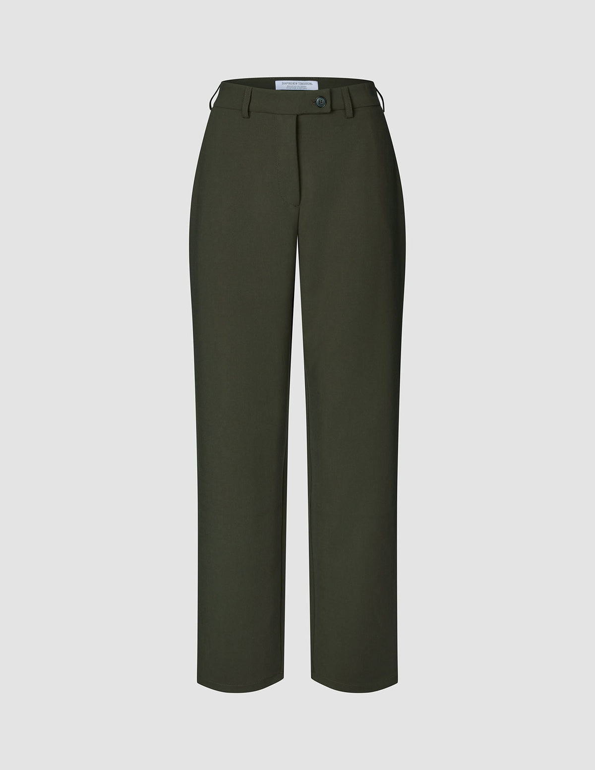 Damenhose GO2 Straight Dusty Olive in Olivgrün, mit geradem Bein, Knopfverschluss und Gürtelschlaufen im raffinierten skandinavischen Design.