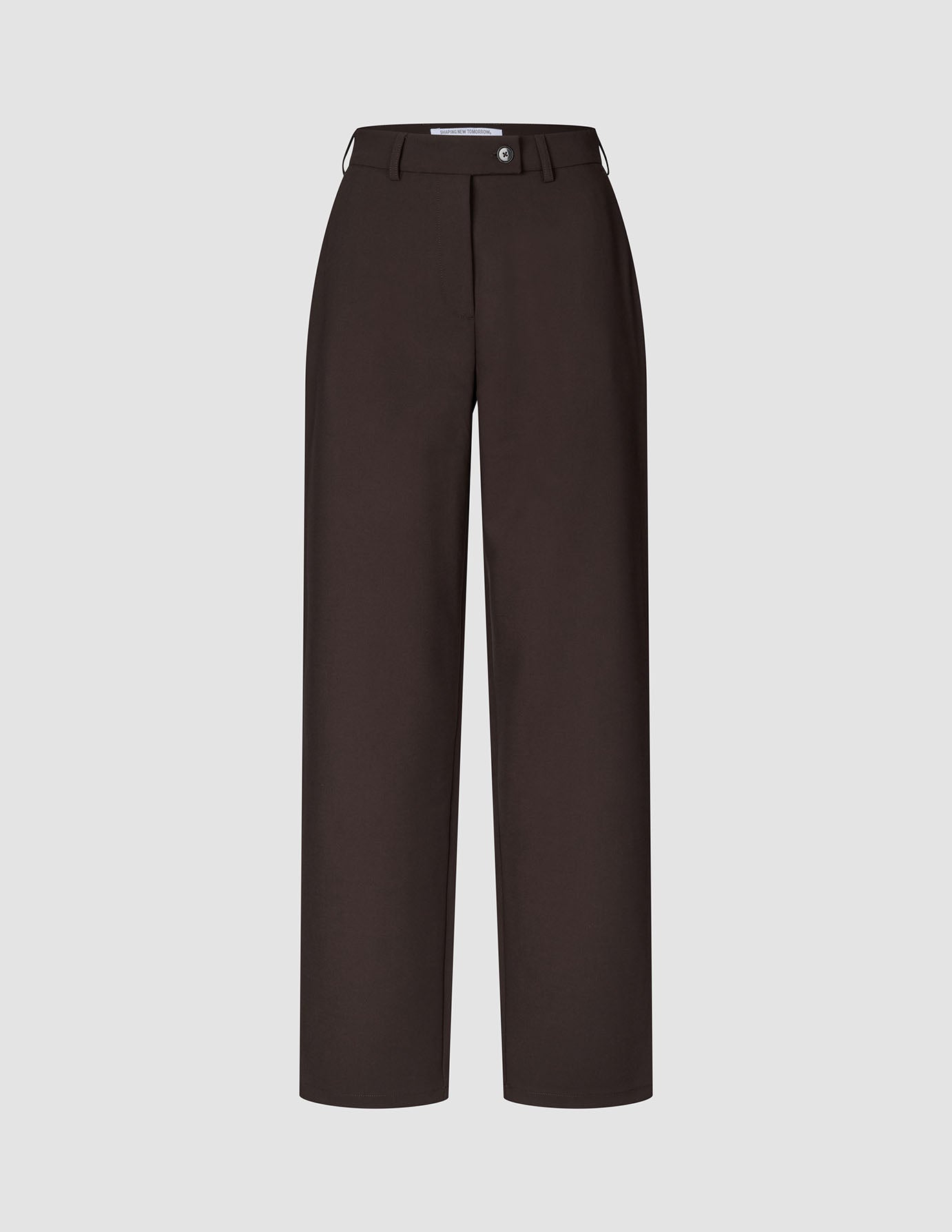 Damenhose GO2 Straight Mocha im Stil mit hoher Taille und geradem Bein aus dunkelbraunem Doubleface-Stoff.