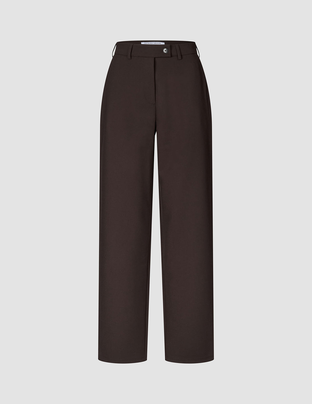 Damenhose GO2 Straight Mocha im Stil mit hoher Taille und geradem Bein aus dunkelbraunem Doubleface-Stoff.