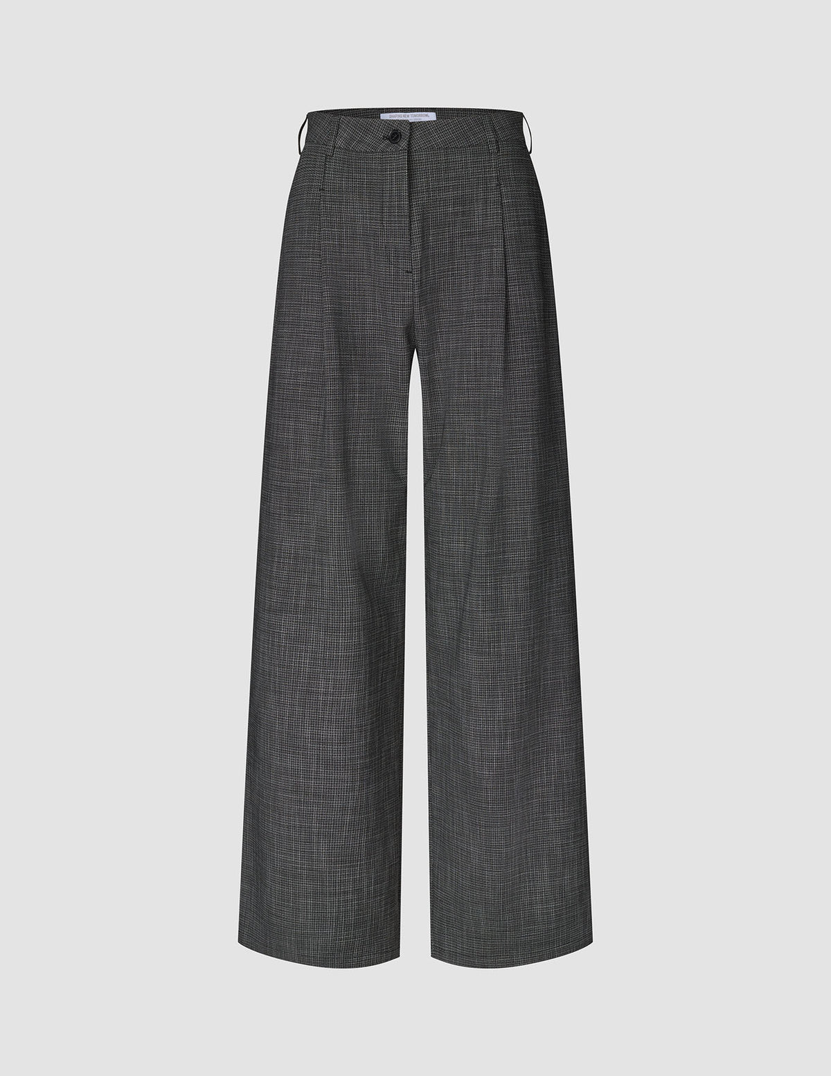 Damenhose Nara in weitem Schnitt mit schwarzem Karomuster, hoher Taille, Knopfleiste, Gürtelschlaufen und schwarz-weißem Karomuster.