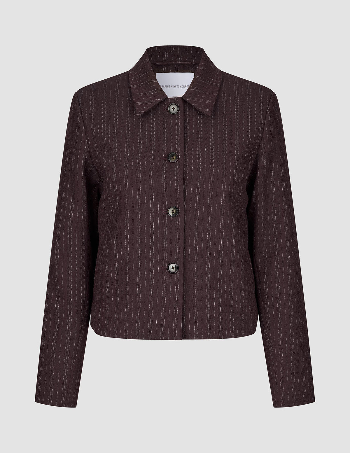 Damen-Kurzjacke Serene in Beeren-Nadelstreifen, dunkelviolett, mit Kragen und gerader Passform.